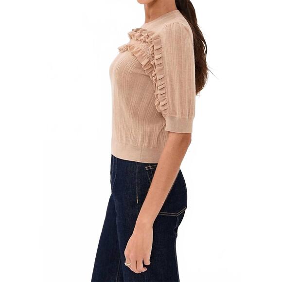 NEW ULLA JOHNSON salima short sleeve knit top in camel mela - Picture 3 of 5